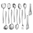 304 Stainlss Steel Kitchen Utensils Set, 11 Pcs Long Metal Cooking Utensil Gadgets Tools Set with Spatula, Spoon, Ladle, Skimmer, Turner, Pasta Server, Tongs(Mirror Polished, Dishwasher Safe)