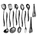 304 Stainlss Steel Matte Kitchen Utensils Set, 11 Pcs Long Metal Cooking Utensil Gadgets Tools Set with Spatula, Ladle, Spoon, Skimmer, Turner, Pasta Server, Tongs(Black, Dishwasher Safe)