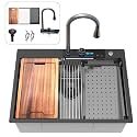 30inch Drop In Waterfall Kitchen Sink Metal Black -Feibus 30x22x10 Sink with Faucet Combo Double Step Workstation 16 Gauge Multifunctional Stainless Steel Single Bowl