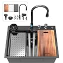 30inch Waterfall Kitchen Sink Drop In Metal Black -Feibus 30x22x10 with Faucet Combo Double Step Workstation 16 Gauge Multifunctional Stainless Steel Single Bowl