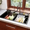 TrueSink 30x18 Multifunction Sink | Waterfall and 3 Type Water Outlet Pull Out Faucet Waterfall Kitchen Sink | Anti Scratch Honey Comb Design Smart Sink with Automatic Cup Washer
