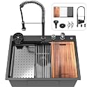 30x22 inch Waterfall Kitchen Sink Metal Black -Feibus 30inch Drop In Sink with Faucet Combo Double Step Workstation 16 Gauge Multifunctional Stainless Steel Single Bowl