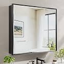 30x26 Pre-Assembled Black Medicine Cabinet with Mirror, Surface or Recessed Medicine Cabinet Mirror for Bathroom, Aluminum Beveled Frame Bathroom Vanity Mirror with Adjustable Shelves Storage