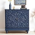31" Accent Storage Cabinet, Floral Embossed 2 Door Sideboard, Midnight Blue