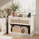 31" Wide Rattan Nightstand with Charging Station, End Side Table