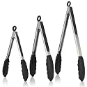 315℃ Heat Resistant Kitchen Tongs: U-Taste 18/8 Stainless Steel Cooking Tongs Set of 3, with Non-Stick BPA-Free Silicone Tips, for Food Grill, Salad, BBQ, Frying, Serving, 18/23/30 cm (Black)