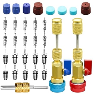 31pcs r134a valve core remover installer tool kit high low pressure valve core quick removal tool comes with ac service port cap r134a valve core valve stem for refrigerant air conditioner system