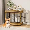32" Dog Crate Furniture, Double Door Wooden Indoor Dog Kennel Furniture, Decorative Pet Cage End Table with Wheels for Medium and Small Breed Dogs, Size M, Rustic Brown