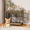 32" Dog Crate Furniture, Double Door Wooden Indoor Dog Kennel Furniture, Decorative Pet Cage End Table with Wheels for Medium and Small Breed Dogs, Size M, Greige