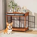 32" Dog Crate Furniture, Double Door Wooden Indoor Dog Kennel Furniture, Decorative Pet Cage End Table with Wheels for Medium and Small Breed Dogs, Size M, Vintage Brown