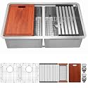 32 Inch Double Undermount Kitchen Sink, 16 Gauge T304 Stainless Steel Sink, 32" x 18" x 10" Deep 50/50 Equal Double Bowl Workstation Sink with Accessories &amp; Cutting Template
