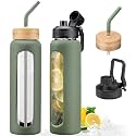 32oz Glass Water Bottle with Straw and 2 Lids, Olive