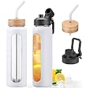 32oz Glass Water Bottle with Straw and 2 Lids, White