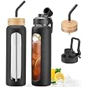 32oz Glass Water Bottle with Straw and 2 Lids, Black
