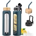32oz Glass Water Bottle with Straw and 2 Lids, Dark Blue