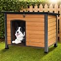 33.5’’ Dog House Outdoor Weatherproof Dog Kennel with Upgraded Thickened Metal Frame, Dog Shelter with PVC Curtain, Openable Roof and Removable Floor, Easy to Clean (Brown)