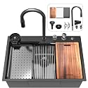 33 inch Waterfall Kitchen Sink Metal Black -Feibus 33x22x10 Drop In Sink with Faucet Combo Double Step Workstation 16 Gauge Multifunctional Stainless Steel Single Bowl