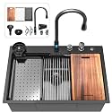 33inch Waterfall Kitchen Sink Drop In Metal Black -Feibus 33x22x10 with Faucet Combo Double Step Workstation 16 Gauge Multifunctional Stainless Steel Single Bowl