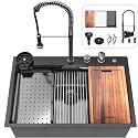 33x22 inch Waterfall Kitchen Sink Metal Black -Feibus 33inch Drop In Sink with Faucet Combo Double Step Workstation16 Gauge Multifunctional Stainless Steel Single Bowl
