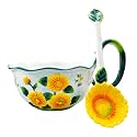 35.27 Oz Microwavable Soup Bowl with Handle, Handmade Relief Sunflower Decorative Soup Bowls with Handles, Ceramic Soup Bowl with Spoon for Holding Fruits Cereal Snack, Chili, Ice Cream, Stew, Salsa