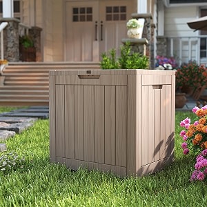 35 gallon small waterproof outdoor storage box resin deck box lockable for patio furniture garden tools pool accessories uv-resistant for all weather use greige