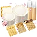 350Pcs Ivory Gold Rim Heavy Duty Plastic Plates Dinnerware Set