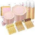 350Pcs Pink Gold Rim Disposable Plastic Dinnerware Party Set