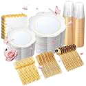 350Pcs White Gold Rim Heavy Duty Plastic Plates Dinnerware Set