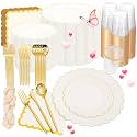 351 Pcs Ivory Plastic Dinnerware Set Disposable Party Plates for Wedding