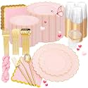 351 PcsPink Scalloped Plastic Plates Dinnerware Set for 50 Guests