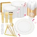 351-Piece White Plastic Plates & Gold Dinnerware Set for 50 Guests