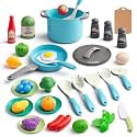 35Pcs Kids Kitchen Toy Accessories, Toddler Pretend Cooking Playset with Play Pots, Pans, Utensils, Cookware, Play Food Set, Toy Vegetables, Learning Gift for Girls & Boys (Turquoise)