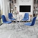 36" Square Glass Dining Table Set for 4, 5-Piece Modern Kitchen Table with 4 Blue Scoop-Shape Velvet Chairs, Modern Circle Leisure Table for Home Office Dining Room Small Spaces (Gold Leg)
