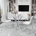 36" Square Glass Dining Table Set for 4, 5-Piece Modern Kitchen Table with 4 White Velvet Chairs, Modern Circle Leisure Table for Home Office Dining Room Small Spaces (Silver Leg)