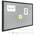 36"x24" Black Framed Grey Linen Bulletin Board, Pin Board
