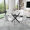 36” Round Glass Dining Table Set for 4, Clear Tempered Glass Kitchen Table with Black Metal X Legs and 4 Velvet Dining Chairs with Silver Legs, Small Dining Set for Apartment, Dining Room &amp; Bistro