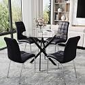 36” Round Glass Dining Table Set for 4, Space-Saving Clear Glass Kitchen Table with Black Metal X Legs and 4 PU Leather Dining Chairs with Silver Legs, Small Dining Set for Apartment &amp; Bistro