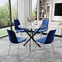 36” Round Glass Dining Table Set for 4, Clear Tempered Glass Kitchen Table with Black Metal X Legs and 4 Velvet Dining Chairs with Silver Legs, Small Dining Set for Apartment, Dining Room &amp; Bistro