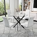 36” Round Glass Dining Table Set for 4, Space-Saving Clear Glass Kitchen Table with Black Metal X Legs and 4 PU Leather Dining Chairs with Silver Legs, Small Dining Set for Apartment &amp; Bistro