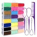 360 Pcs Baby Hair Ties, 24 Colors Cotton Toddler Hair Ties with Organizer Box, 1 Inch Seamless Baby Hair Bands for Toddler Girls, Soft Elastic Ponytail Holders with 5 Hair Loop Styling Tools