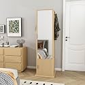 360° Rotating Jewelry Cabinet with Full-Length Mirror, Standing Jewelry Armoire Organizer with 4 Open Shelves, 2 Built-In Shelves, Coat Rack &amp; Storage Drawers, 4-in-1 Makeup Cabinet, 66.5" H,Oak