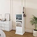 360° Rotating Jewelry Cabinet with Full-Length Mirror, Standing Jewelry Armoire Organizer with 4 Open Shelves, 2 Built-In Shelves, Coat Rack & Storage Drawers, 4-in-1 Makeup Cabinet, 66.5" H,White