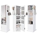 360° Swivel Jewelry Cabinet, Fluted Jewelry Armoire with Full Length Mirror, Coat Rack and 4-Tier Shelf, Standing Jewelry Organizers with 2 Drawers(White)