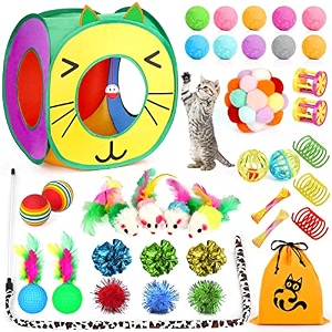 37 pcs cat toys interactive cat kitten toys for indoor cats kitty variety catnip toy set including collapsible cat tunnel tube tent cat feather teaser wand cat bell fuzzy ball spring mouse toy