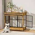 38" Dog Crate Furniture, Double Door Wooden Indoor Dog Kennel Furniture, Decorative Pet Cage End Table with Wheels for Large and Medium Breed Dogs, Size L, Rustic Brown