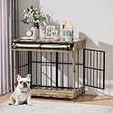 38" Dog Crate Furniture, Double Door Wooden Indoor Dog Kennel Furniture, Decorative Pet Cage End Table with Wheels for Large and Medium Breed Dogs, Size L, Greige