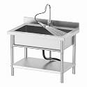 38.6 Inch Free Standing Stainless Steel Utility Sink, Single Bowl Farmhouse Kitchen Sink with Hot &amp; Cold Water Hoses, Indoor Outdoor Laundry Sink for Basement Garage Kitchen Room
