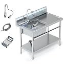 39" Commercial Stainless Steel Utility Sink, Single Bowl Freestanding Kitchen Sink with Hot &amp; Cold Water Faucet, Drain Kit &amp; Hoses for Restaurant, Laundry Room, Garage