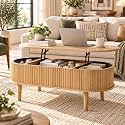 39" Oval Lift Top Coffee Table with Storage, Fluted Coffee Table, Natural