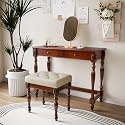 39.4"W Wood Writing Desk Stool Set, Small Makeup Vanity Set-Cheery&Beige